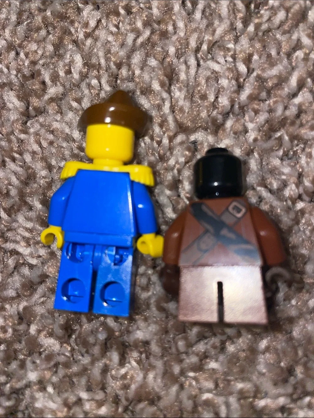 Lego Blue and Yellow Minifigure Duo with Brown and Black Accents